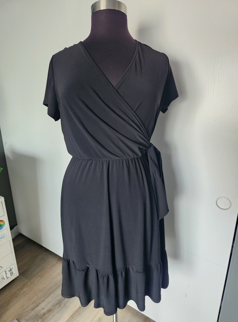 Tahari Black Wrap-Front Short Sleeve Dress with Side Tie